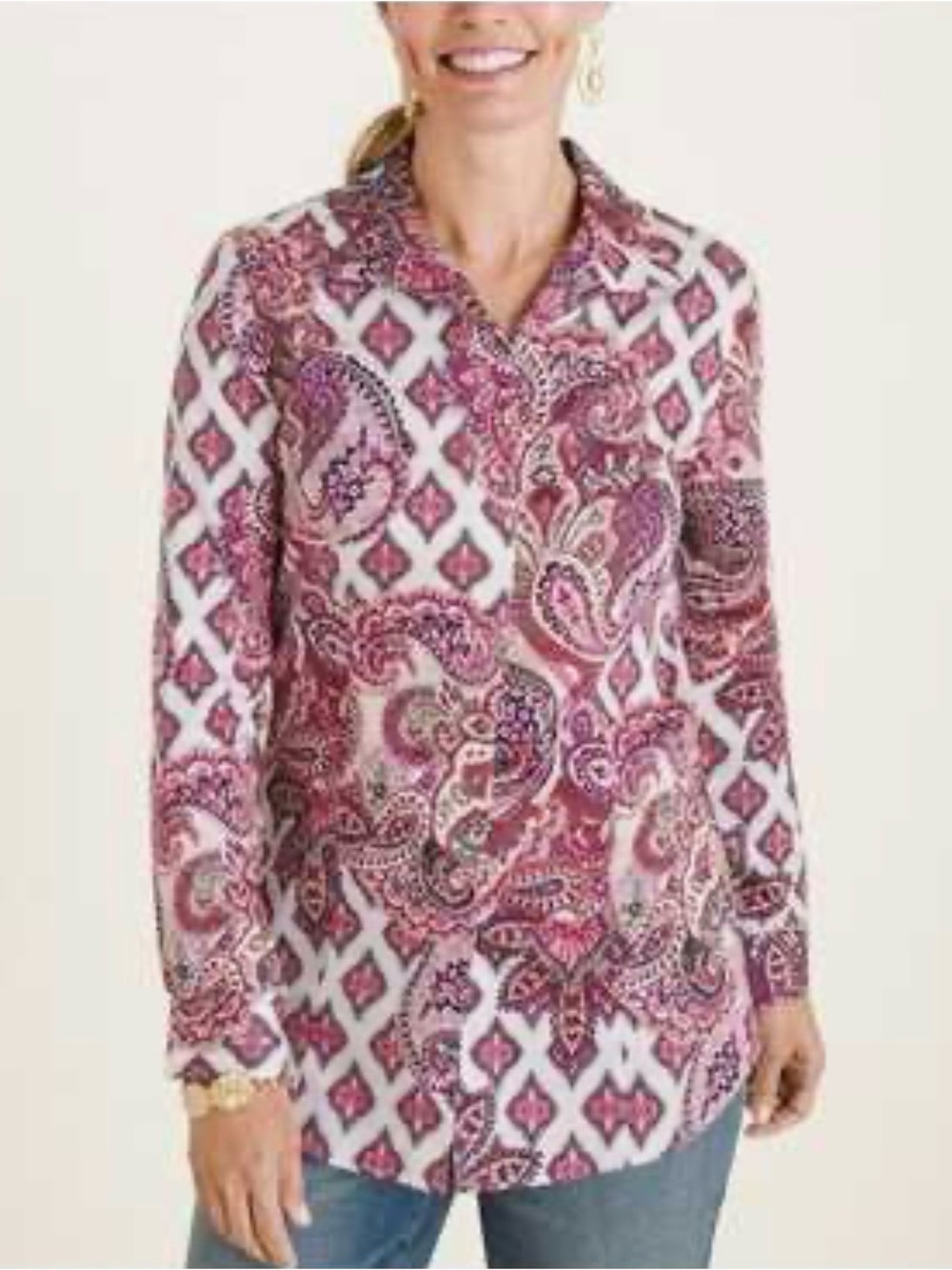 Chico's No-Iron Sateen Mixed Print Shirt Burgundy Paisley NWT Size 3 / XL
